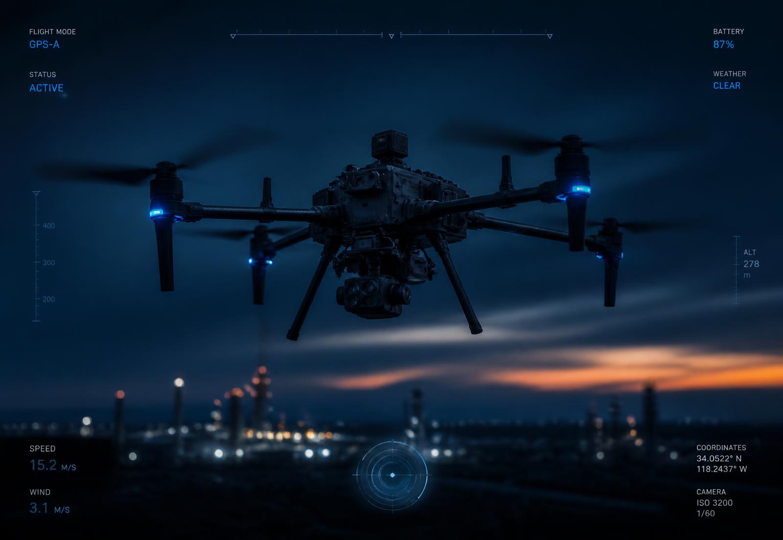Industrial quadcopter drone in flight with telemetry overlay